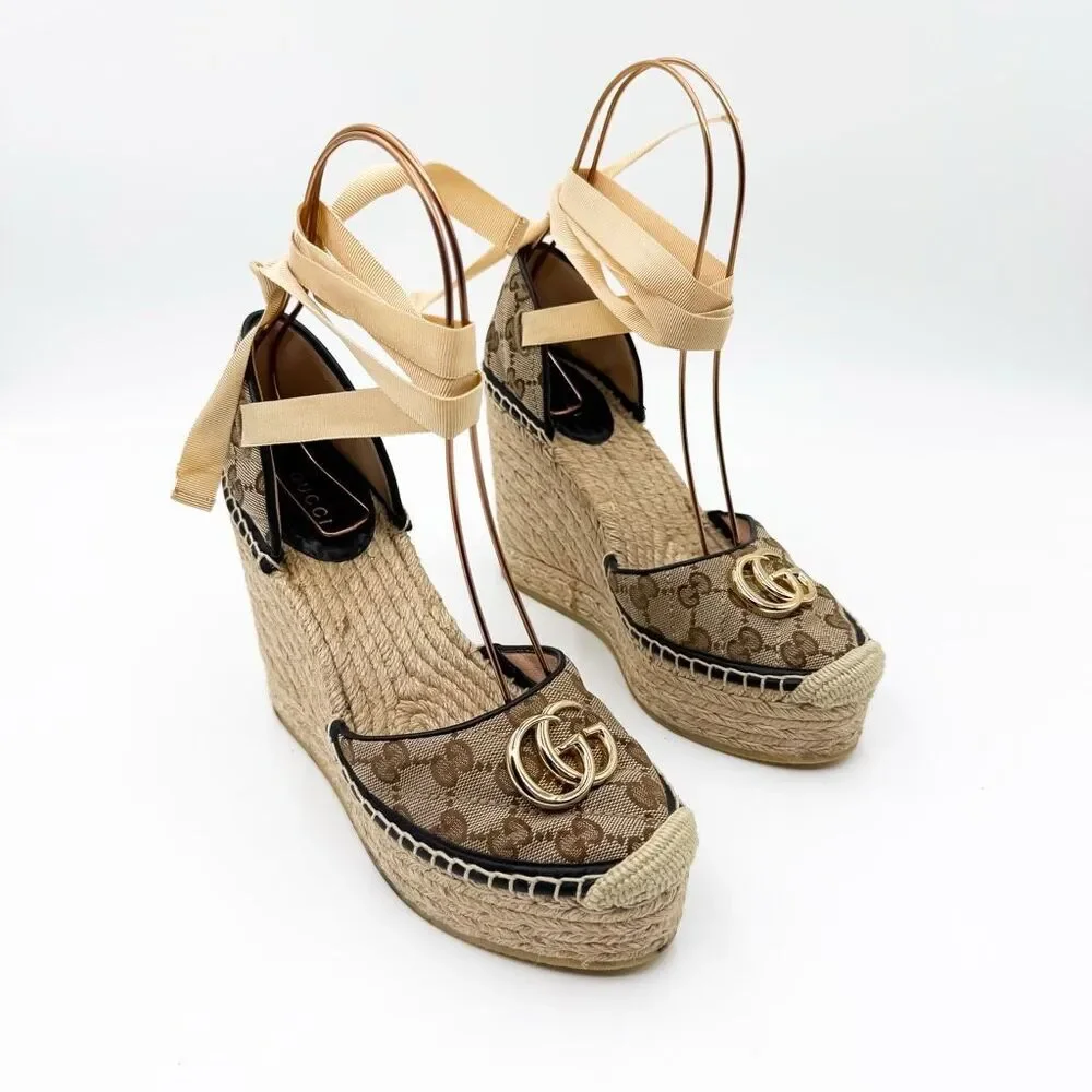 Gucci GG Espadrille Wedge Sandal EU 38 US 8 Monogram Canvas Ankle Wrap